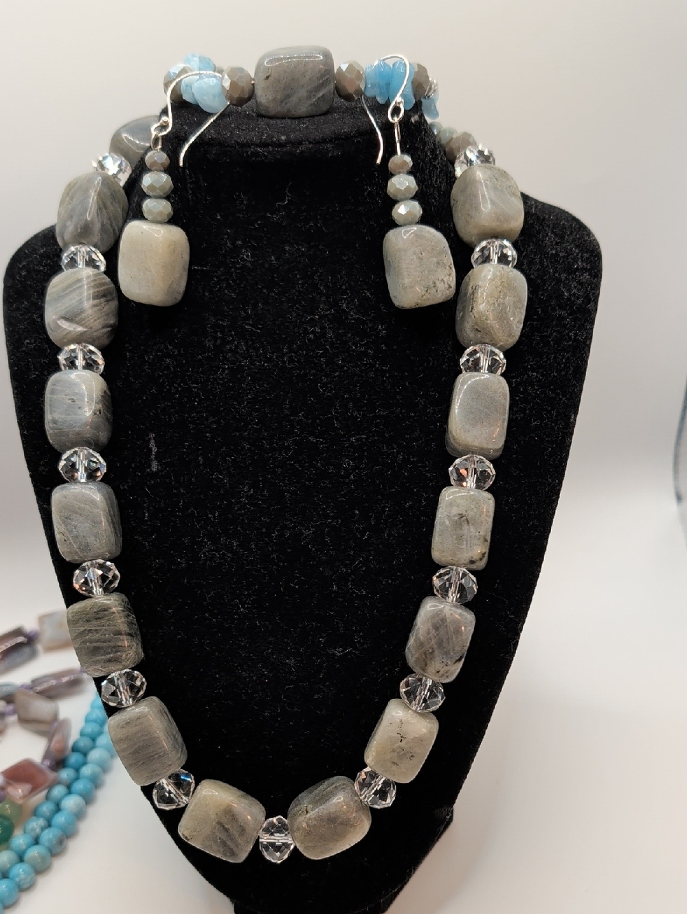 Handcrafted Labradorite Bead Necklace with matching Earrings And Bracelet.